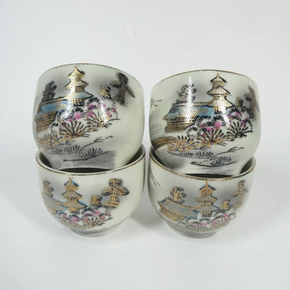 4 Sake Cups Japan Handpainted Pagoda Scene Black Gold Kutani Ware